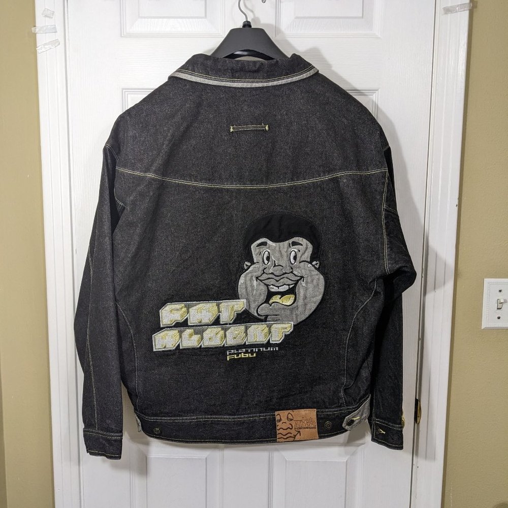 FUBU Platinum Vintage Y2K Fat Albert Black Denim Baggy Jeans Jacket Suit-XL/36W*